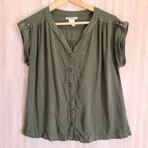 Rebecca Malone Olive Green Rayon Blouse Womens Small Button Front Lightweight